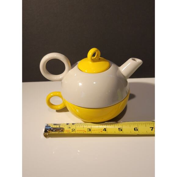 Tea for One Tea Pot with Cup Set Stackable Yellow and Gray Retro Colorful - Picture 8 of 10